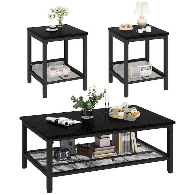 Coffee Table Set of 3, Coffee Table with 2 Square End Side Tables, Living Room Table Set for Home Office