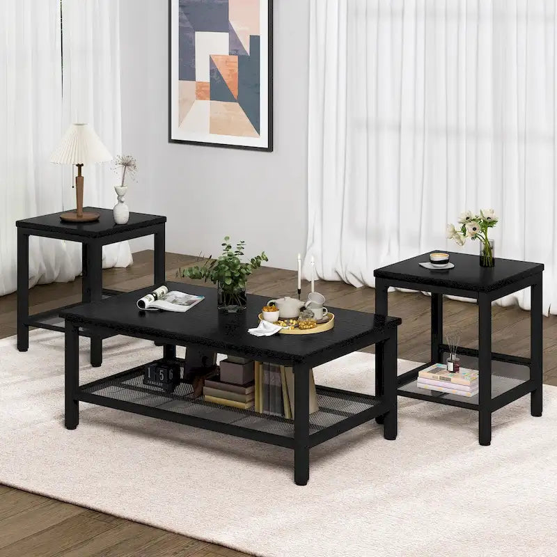Coffee Table Set of 3, Coffee Table with 2 Square End Side Tables, Living Room Table Set for Home Office