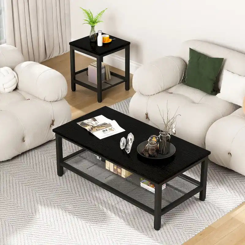 Coffee Table Set of 3, Coffee Table with 2 Square End Side Tables, Living Room Table Set for Home Office