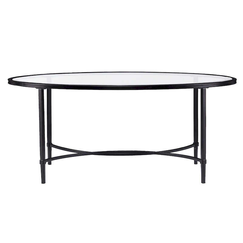 HomeRoots 45 Clear and Black Glass and Metal Oval Coffee Table - 19 H x 45 W x 25 D