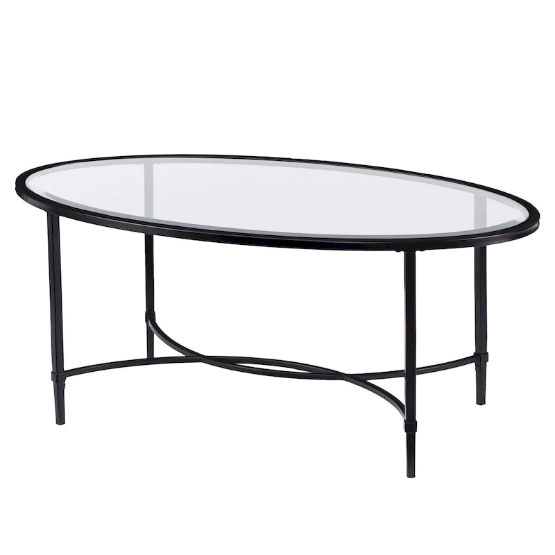 HomeRoots 45 Clear and Black Glass and Metal Oval Coffee Table - 19 H x 45 W x 25 D