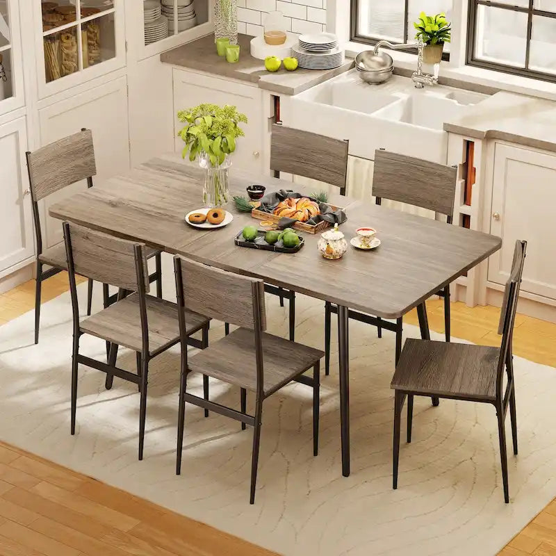 7 Piece Industrial Dining Table Set for Kitchen with 6 Chairs Longboard Backrest