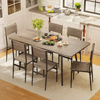 7 Piece Industrial Dining Table Set for Kitchen with 6 Chairs Longboard Backrest