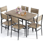7 Piece Industrial Dining Table Set for Kitchen with 6 Chairs Longboard Backrest