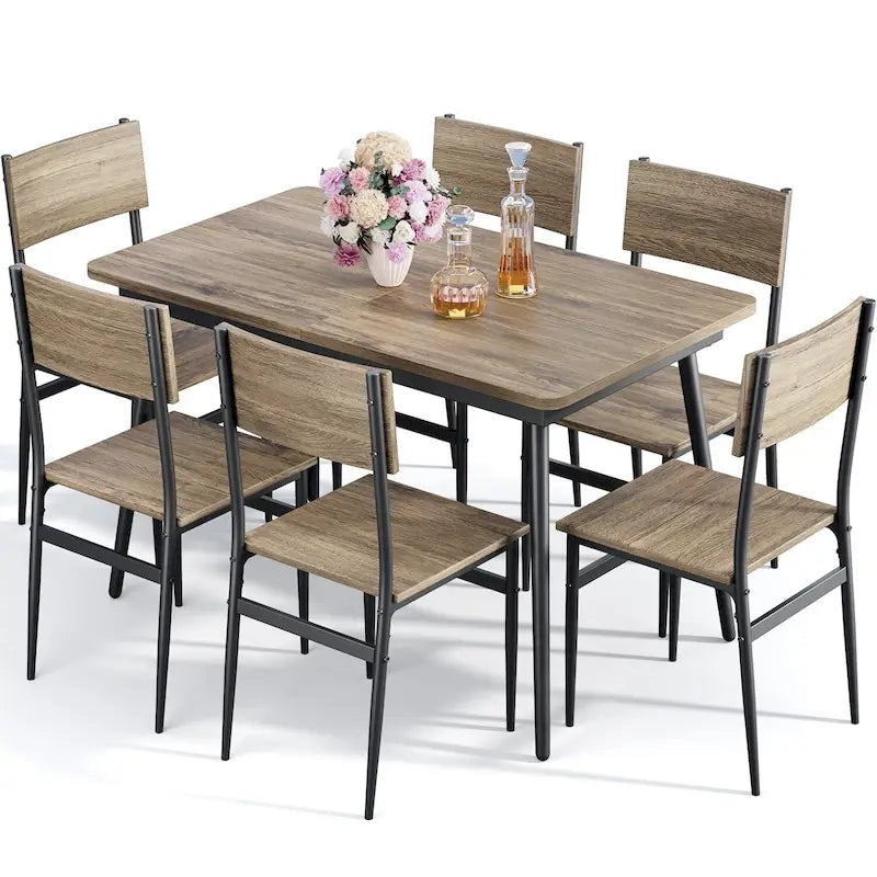 7 Piece Industrial Dining Table Set for Kitchen with 6 Chairs Longboard Backrest