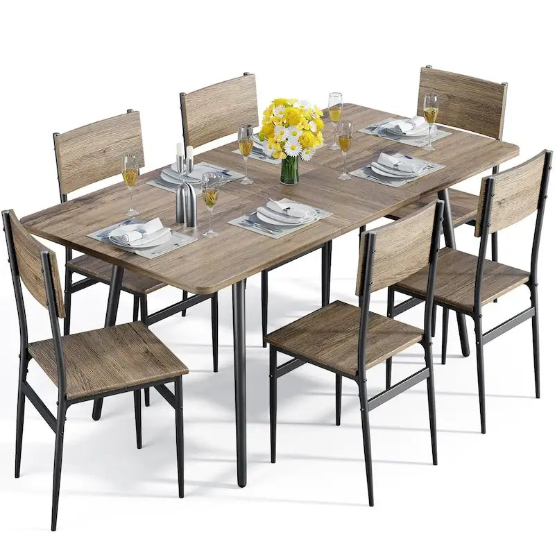 7 Piece Industrial Dining Table Set for Kitchen with 6 Chairs Longboard Backrest