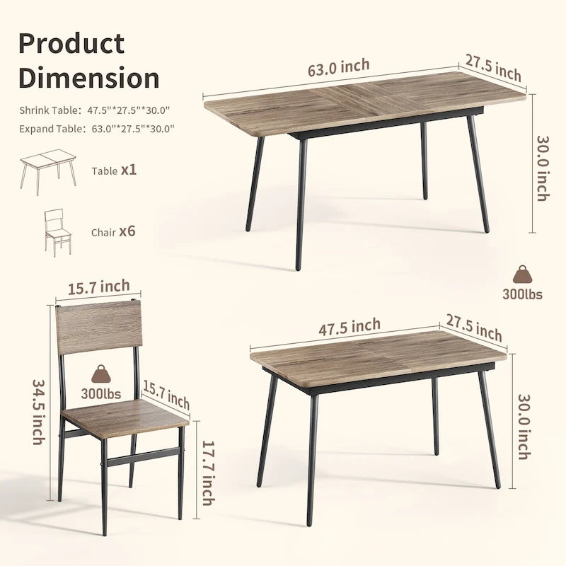 7 Piece Industrial Dining Table Set for Kitchen with 6 Chairs Longboard Backrest