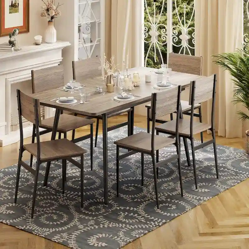 7 Piece Industrial Dining Table Set for Kitchen with 6 Chairs Longboard Backrest