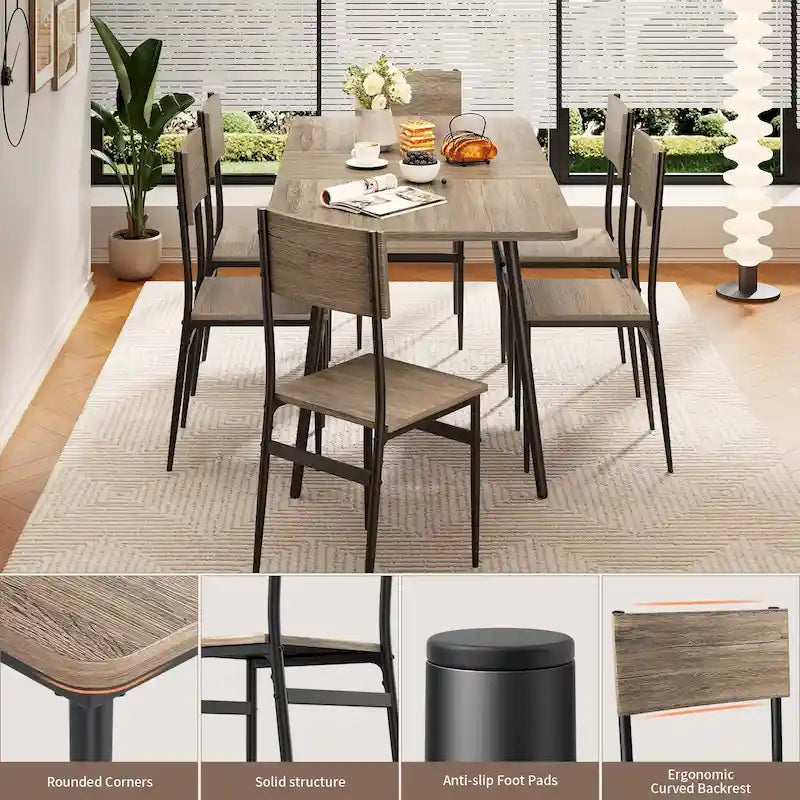 7 Piece Industrial Dining Table Set for Kitchen with 6 Chairs Longboard Backrest