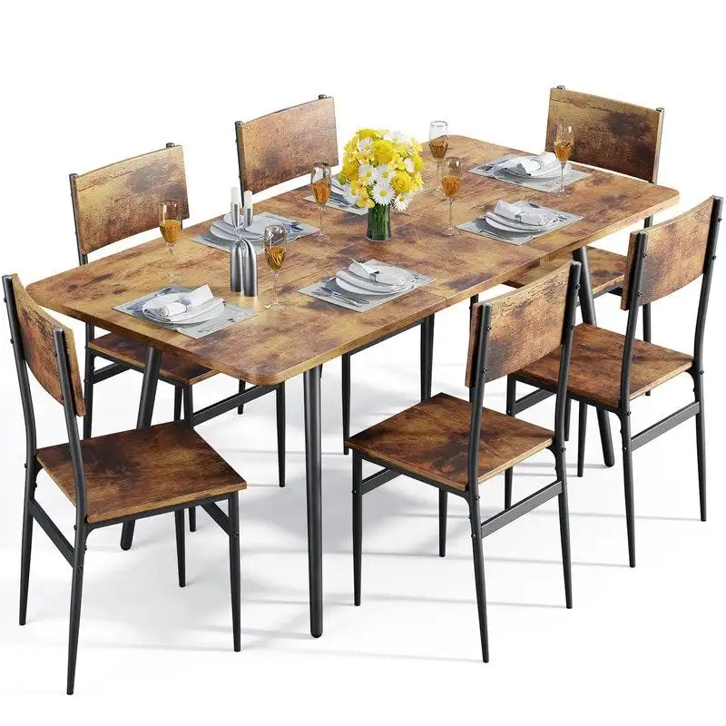 7 Piece Industrial Dining Table Set for Kitchen with 6 Chairs Longboard Backrest