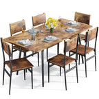 7 Piece Industrial Dining Table Set for Kitchen with 6 Chairs Longboard Backrest