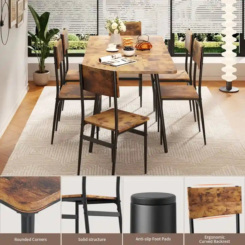 7 Piece Industrial Dining Table Set for Kitchen with 6 Chairs Longboard Backrest