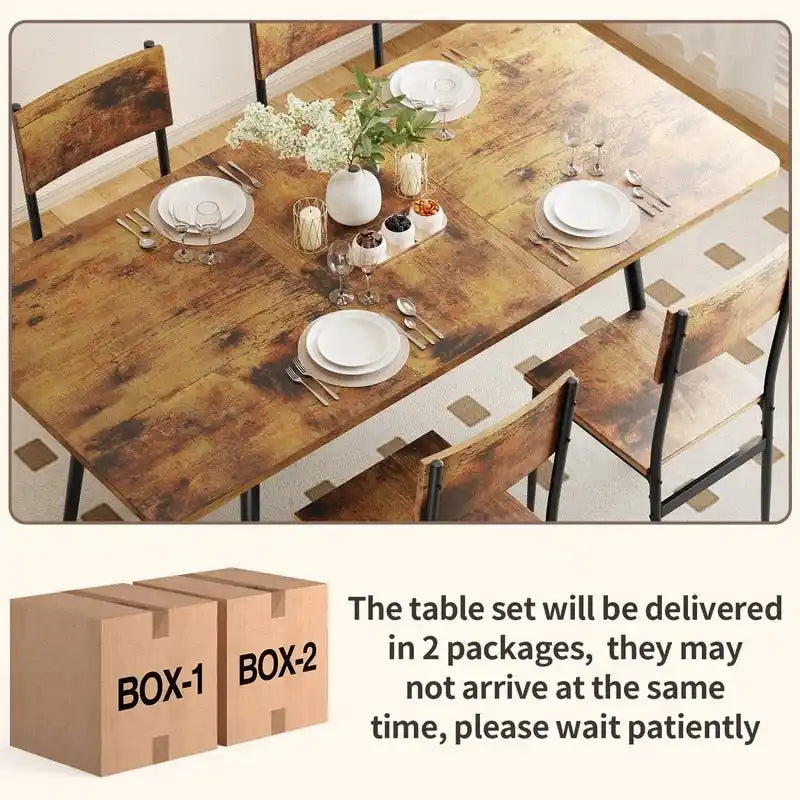 7 Piece Industrial Dining Table Set for Kitchen with 6 Chairs Longboard Backrest