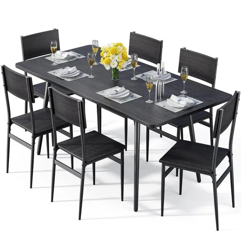 7 Piece Industrial Dining Table Set for Kitchen with 6 Chairs Longboard Backrest