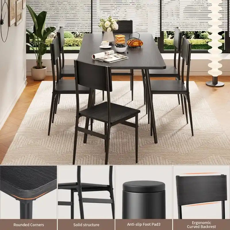 7 Piece Industrial Dining Table Set for Kitchen with 6 Chairs Longboard Backrest