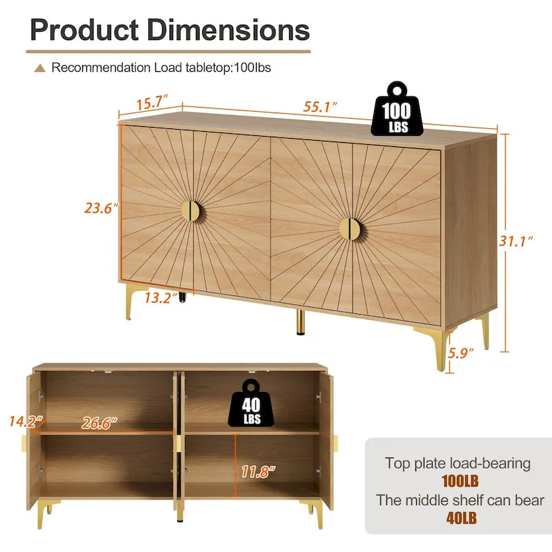Sideboard Buffet Cabinet with Storage Four Door Adjustable Shelves Storage Cabinet Coffee Bar Cabinet