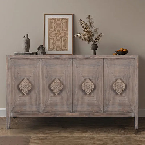 Antique Carved Flower Door Sideboard Storage Cabinet