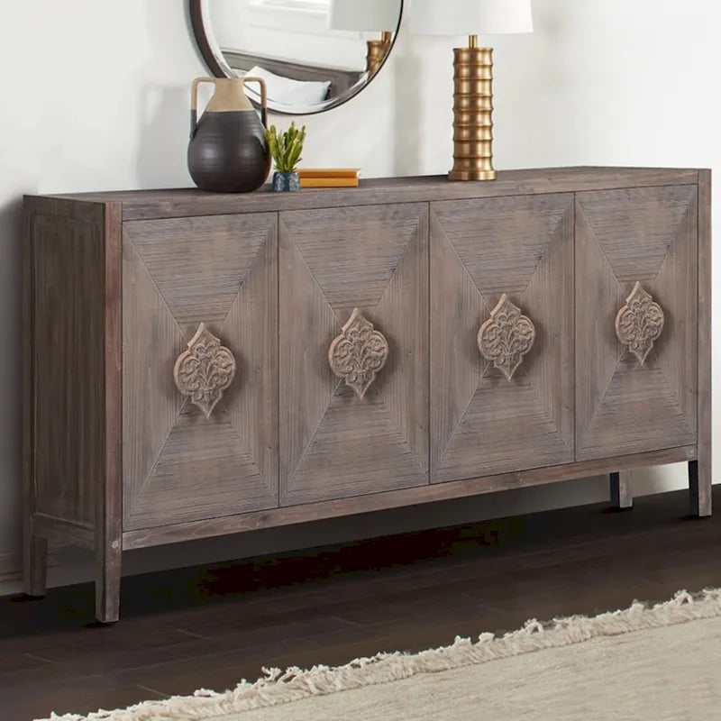 Antique Carved Flower Door Sideboard Storage Cabinet