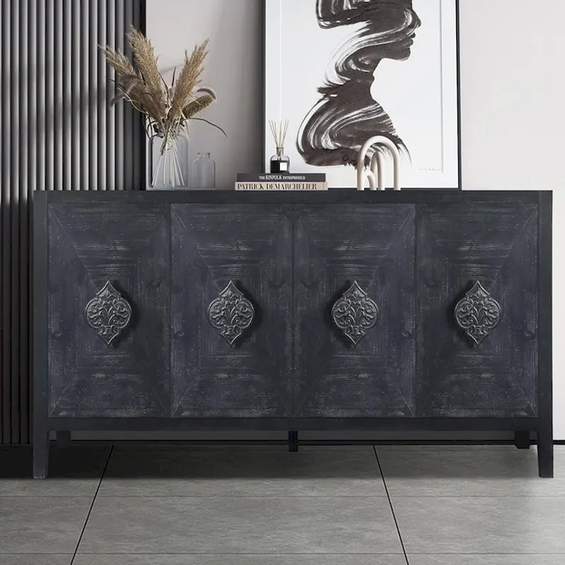 Antique Carved Flower Door Sideboard Storage Cabinet