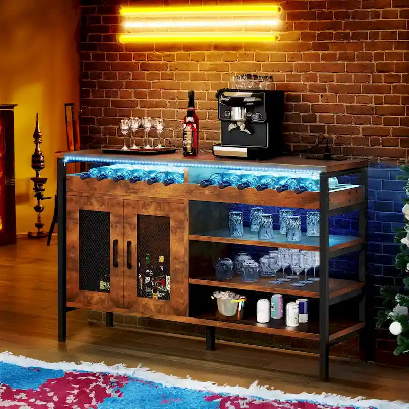 Moasis 55 Industrial Coffee Bar Cabinet with Led Lights and Power Outlets - 55L x 15.7W x 29.5H