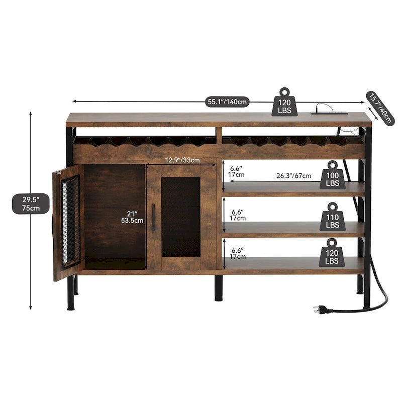 Moasis 55 Industrial Coffee Bar Cabinet with Led Lights and Power Outlets - 55L x 15.7W x 29.5H