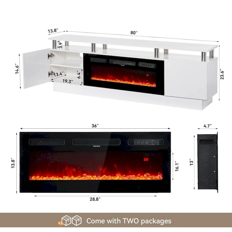 80 2 Tier TV Console Stand for TVs Up to 90,with 36 Electric Fireplace
