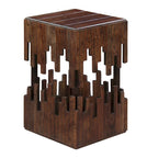 24 Inch Accent Side End Table, Brown Acacia Wood, Slatted Square Top, Handcrafted Abstract Silhouette, Black Iron