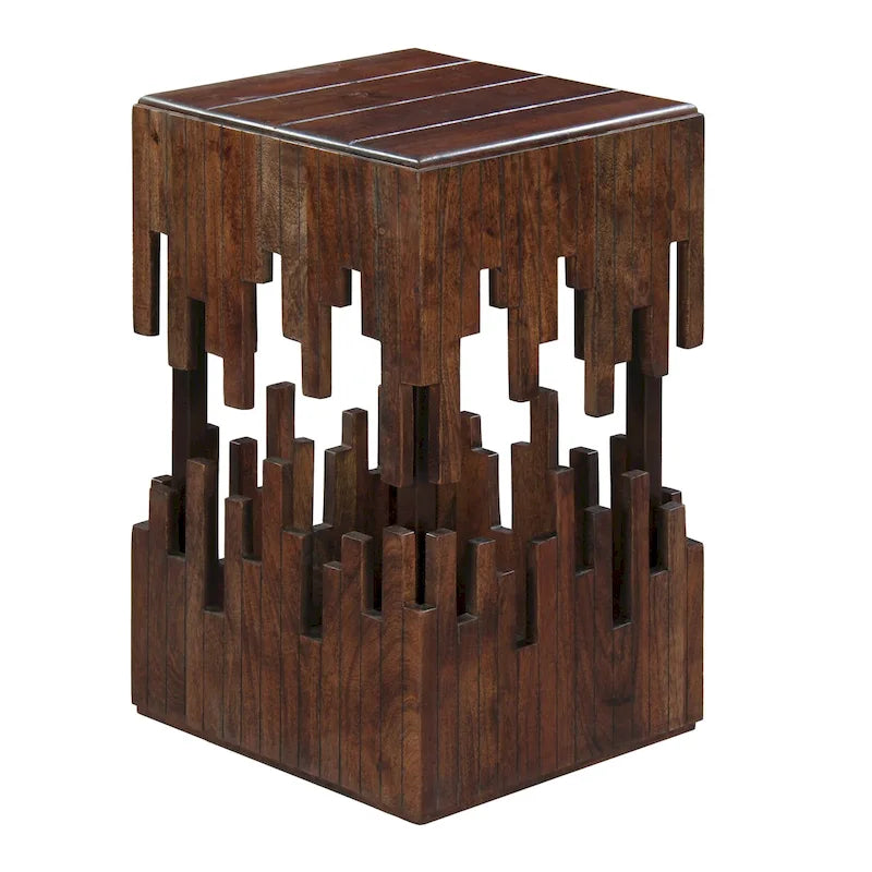 24 Inch Accent Side End Table, Brown Acacia Wood, Slatted Square Top, Handcrafted Abstract Silhouette, Black Iron