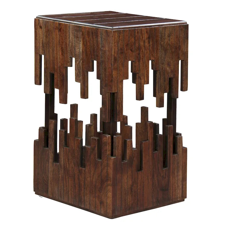 24 Inch Accent Side End Table, Brown Acacia Wood, Slatted Square Top, Handcrafted Abstract Silhouette, Black Iron