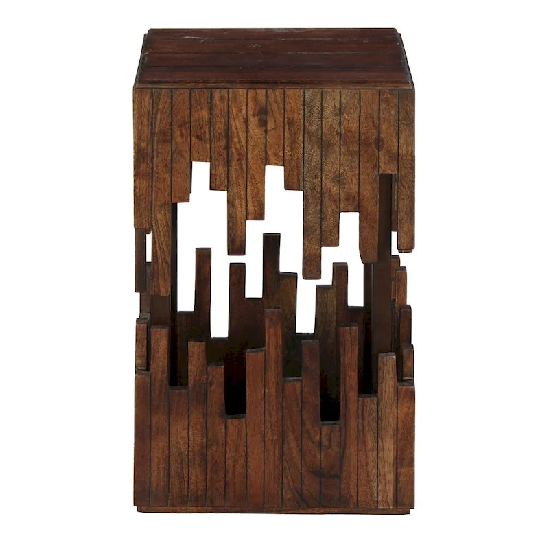 24 Inch Accent Side End Table, Brown Acacia Wood, Slatted Square Top, Handcrafted Abstract Silhouette, Black Iron