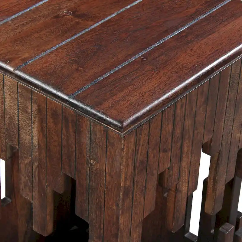 24 Inch Accent Side End Table, Brown Acacia Wood, Slatted Square Top, Handcrafted Abstract Silhouette, Black Iron