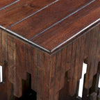 24 Inch Accent Side End Table, Brown Acacia Wood, Slatted Square Top, Handcrafted Abstract Silhouette, Black Iron