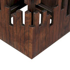 24 Inch Accent Side End Table, Brown Acacia Wood, Slatted Square Top, Handcrafted Abstract Silhouette, Black Iron