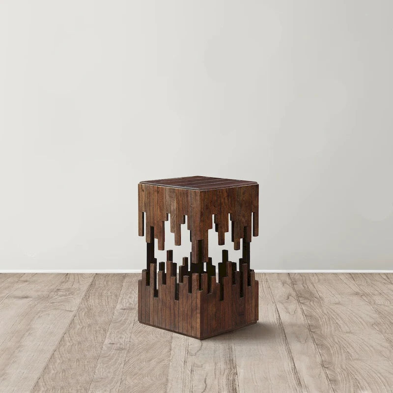 24 Inch Accent Side End Table, Brown Acacia Wood, Slatted Square Top, Handcrafted Abstract Silhouette, Black Iron