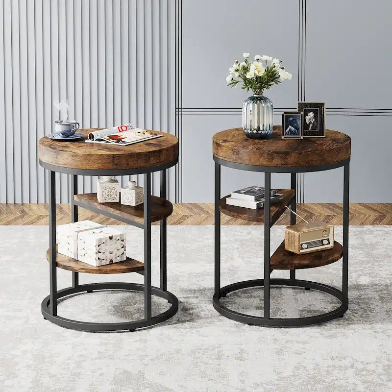 Industrial Round End Table with 3 Storage Shelves for Living Room