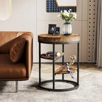 Industrial Round End Table with 3 Storage Shelves for Living Room