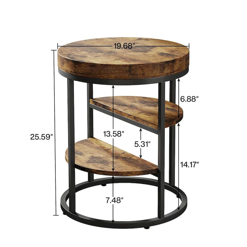 Industrial Round End Table with 3 Storage Shelves for Living Room