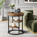 Industrial Round End Table with 3 Storage Shelves for Living Room