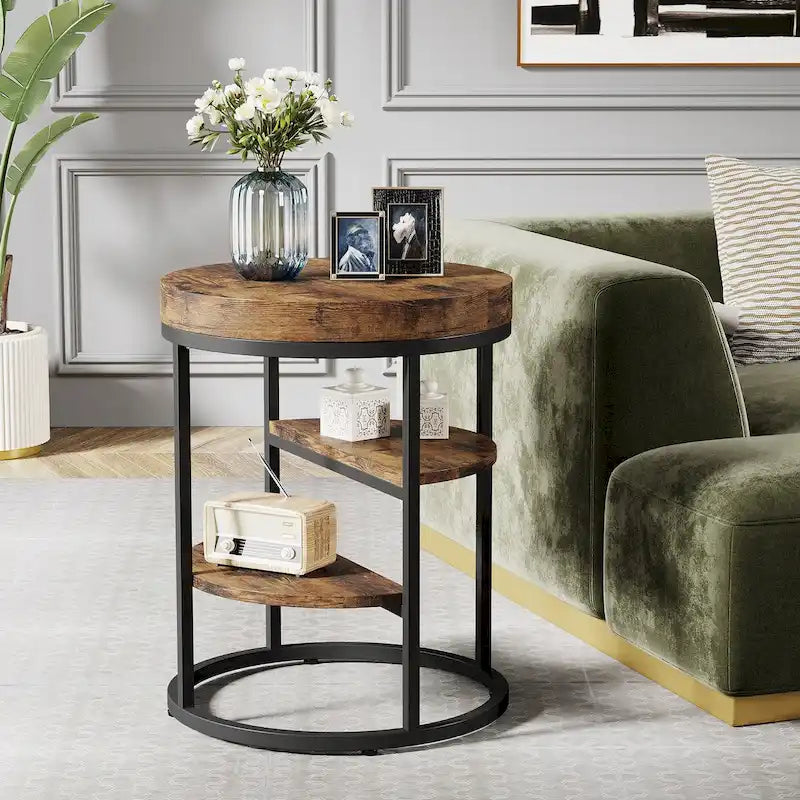 Industrial Round End Table with 3 Storage Shelves for Living Room