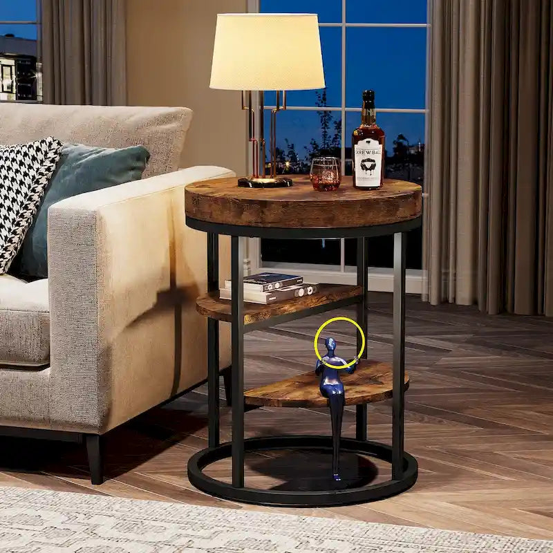 Industrial Round End Table with 3 Storage Shelves for Living Room
