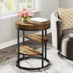 Industrial Round End Table with 3 Storage Shelves for Living Room