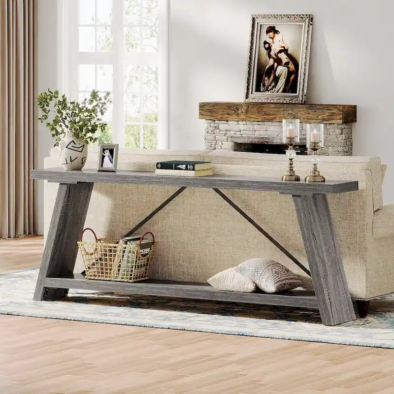 70.9 Inches Long Rustic Wood Console Sofa Table with Storage Shelf