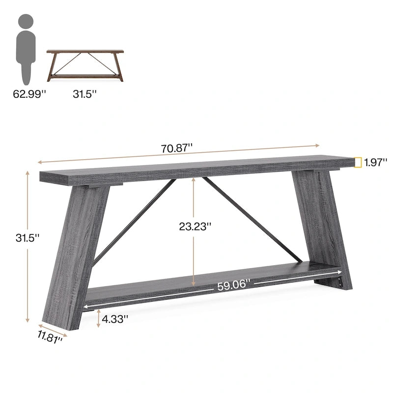 70.9 Inches Long Rustic Wood Console Sofa Table with Storage Shelf