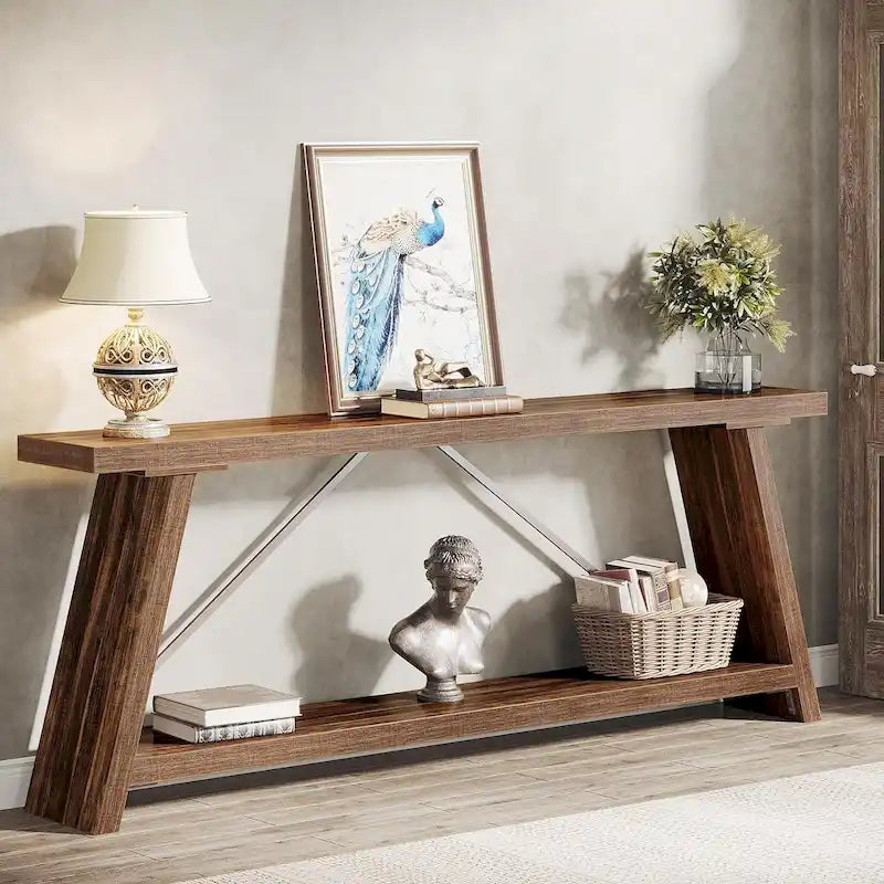 70.9 Inches Long Rustic Wood Console Sofa Table with Storage Shelf