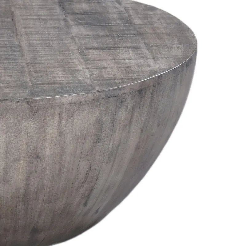 36 Inch Round Coffee Table, Handcrafted Drum Shape, Mango Wood with Olive Gray Finish