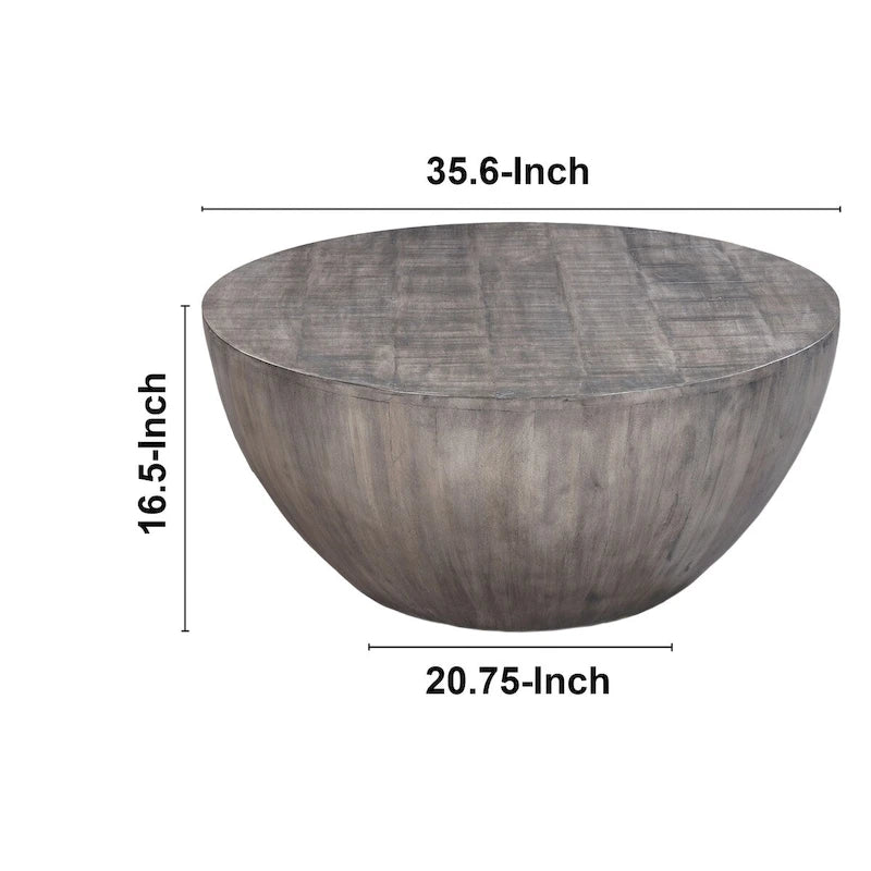 36 Inch Round Coffee Table, Handcrafted Drum Shape, Mango Wood with Olive Gray Finish