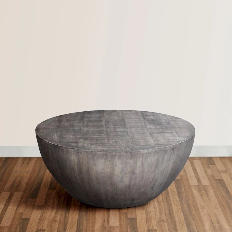 36 Inch Round Coffee Table, Handcrafted Drum Shape, Mango Wood with Olive Gray Finish