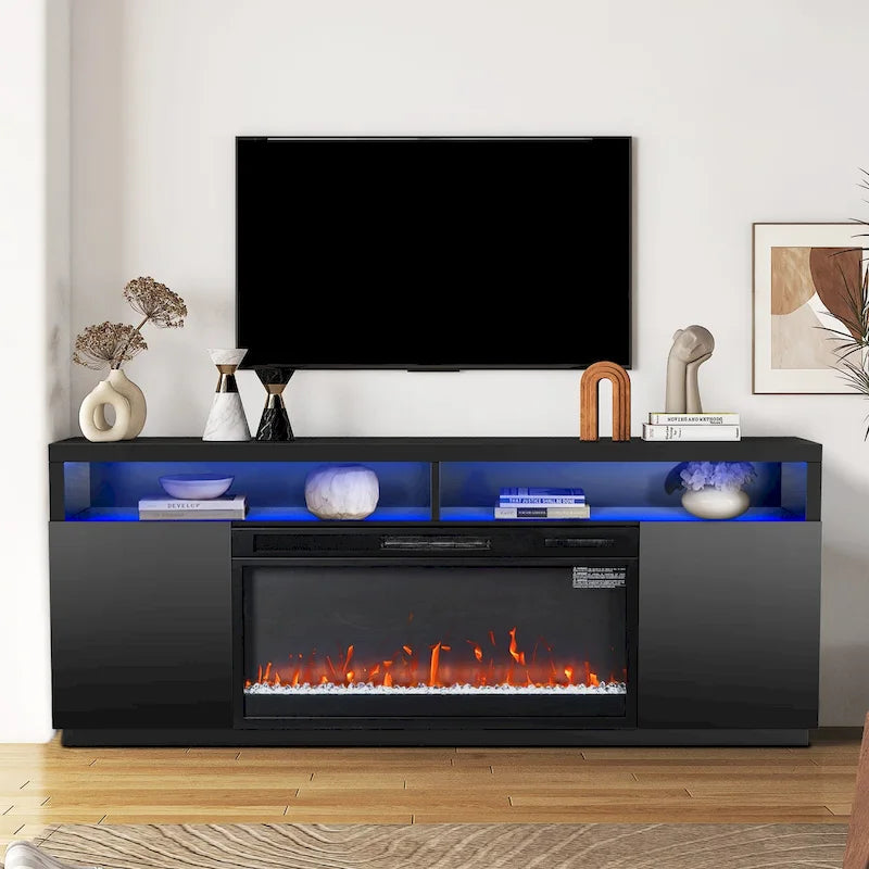 68 Modern Black RGB Electric Fireplace TV Stands Console for TVs Up to 72-inch