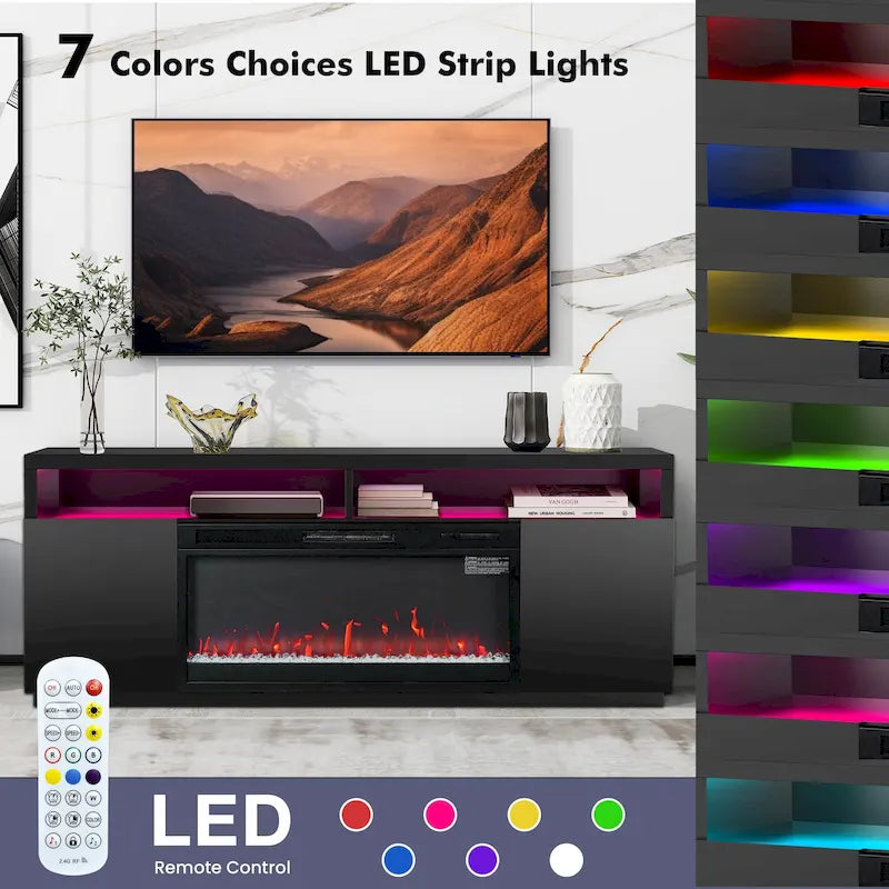 68 Modern Black RGB Electric Fireplace TV Stands Console for TVs Up to 72-inch