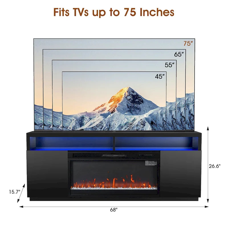 68 Modern Black RGB Electric Fireplace TV Stands Console for TVs Up to 72-inch